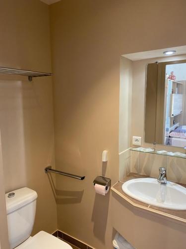 ein Badezimmer mit einem Waschbecken, einem WC und einem Spiegel in der Unterkunft Chambre d'la gare d'Auxy in Auxy
