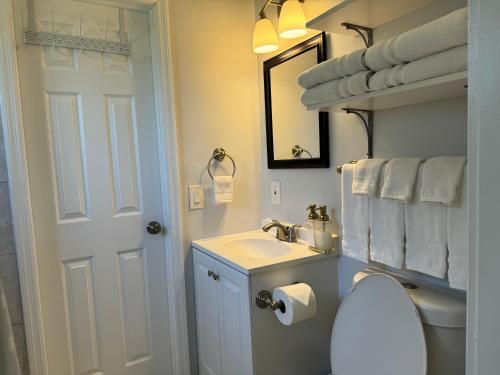 a bathroom with a sink and a toilet and towels at Cozy 2 bedroom near intercoastal & beaches in North Palm Beach