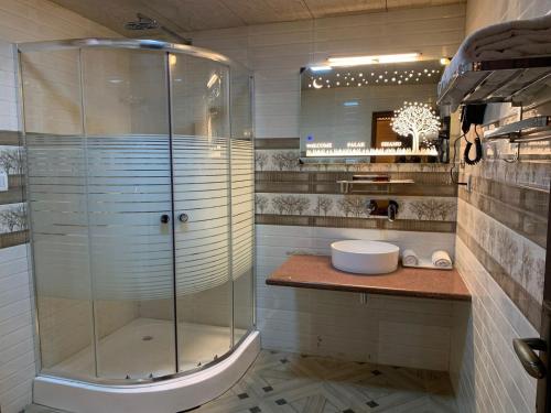 a bathroom with a glass shower and a sink at Hotel Gulmarg Lux Shanum in Gulmarg