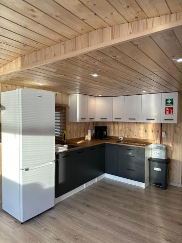 a kitchen with a white refrigerator and a wooden ceiling at Domki Nad Sanem Bachórzec 6a in Dubiecko