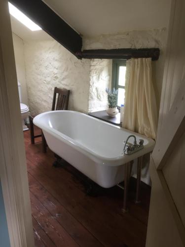 a white bath tub in a bathroom with a window at The Coach House New Quay in Cross Inn
