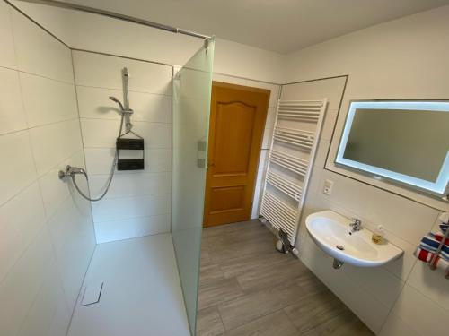 uma casa de banho com um chuveiro e um lavatório. em Jever-Ferienhaus Gartenblick em Jever
