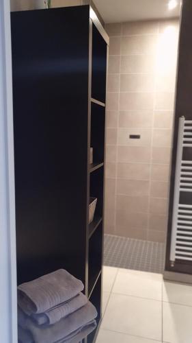 a bathroom with a walk in shower with towels at B&B Soissons L'Arthome chambres d'hôtes in Mercin-et-Vaux