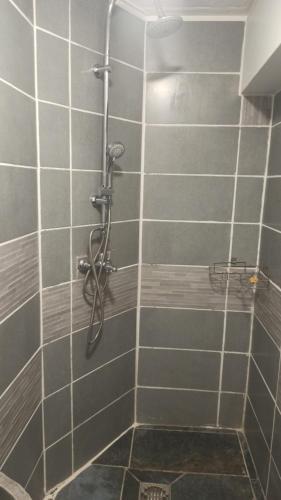 y baño con ducha y azulejos grises. en Le studio 27, en Le Tampon