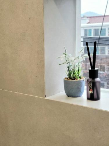 two potted plants sitting on a window sill at Hotel Jeong Ansan Seonbu in Ansan