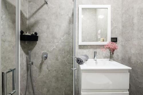 エルサレムにあるthe train studioのシャワー、洗面台、鏡を備えたバスルーム