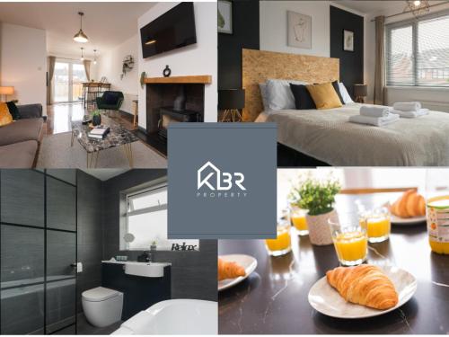 a collage of photos of a bedroom and a living room at Superb Beverley 3 Bedroom House with Private Parking and Garden - The Nicholson in Beverley