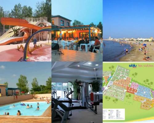 un collage de photos avec les gens dans une piscine dans l'établissement Bungalow confortable à Sérignan avec piscine partagée, à Sérignan