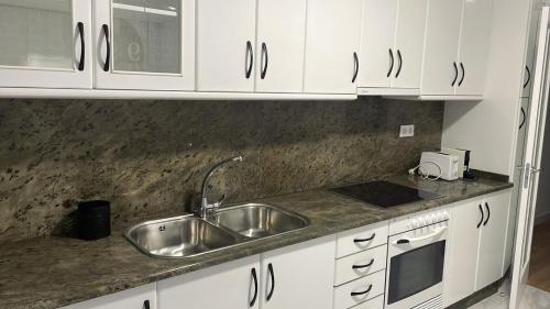 eine Küche mit einer Spüle aus Edelstahl und weißen Schränken in der Unterkunft VINOS DE OURENSE in Ourense