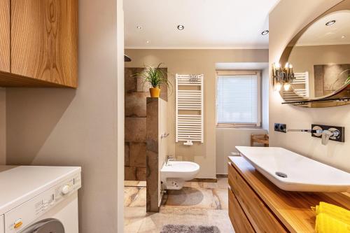 a bathroom with a sink and a toilet at J N Appartement Spritzenhaus in Sarntal