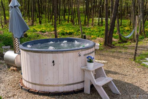 a hot tub in the middle of a forest at Bunkier House in Niedźwiada
