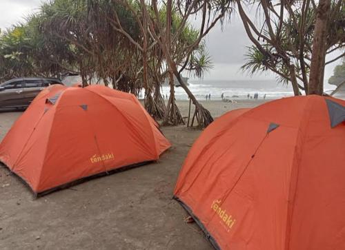 dos tiendas naranjas sentadas en una playa cerca del océano en Madasari Outdoor Camping Hemat en Bulakbenda