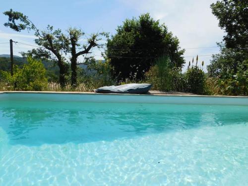 una piscina de agua azul en un patio en Bus-chambre à Chateaudouble en Châteaudouble