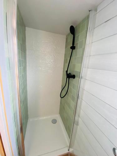 une douche avec pommeau de douche dans une salle de bain dans l'établissement Tiny house Kapha, à Les Alliés