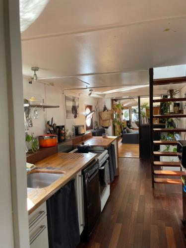 uma cozinha com um lavatório e uma bancada em Péniche le Sémaphore em Nantes