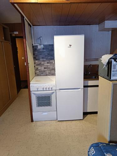 Il comprend une cuisine équipée d'un réfrigérateur blanc et d'une cuisinière. dans l'établissement Studio Mont dore proche funiculaire, à Mont-Dore