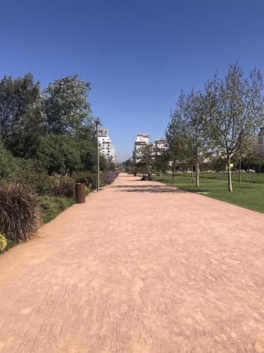 a dirt road in a park with trees and buildings at prestigieuse à casa finance city in Casablanca