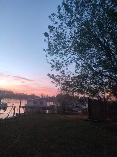 a view of a sunset from a yard with a tree at Kuća na Savi Sojenica Kalisija, Makiš - Ada Ciganlija in Ledine