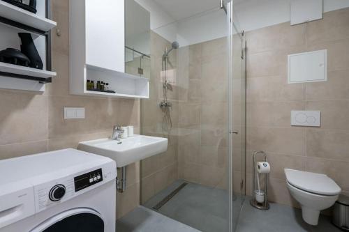La salle de bains est pourvue d'un lavabo, de toilettes et d'une douche. dans l'établissement HM • Sunny 1BR Home with Balcony, à Vienne