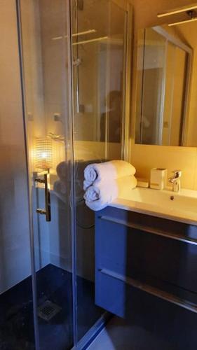 La salle de bains est pourvue d'une douche et d'une serviette. dans l'établissement Maison de pêcheur rénovée avec cour proche du port, à Les Sables-dʼOlonne