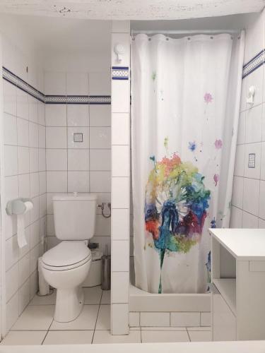 une salle de bain avec toilettes et rideau de douche dans l'établissement Cigaloun, à Moissac-Bellevue