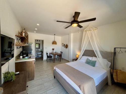 una camera con letto e ventilatore a soffitto di Stylish Apartments near Best Western Hotel a Belize City
