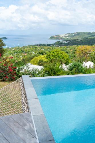 a blue swimming pool with a view of the ocean at Calypso Bay in Bouillante