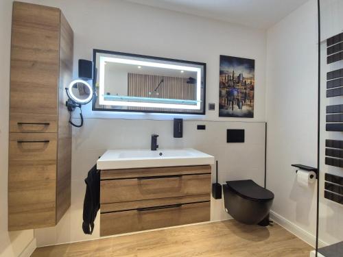 ein Bad mit einem Waschbecken und einem Wandspiegel in der Unterkunft Tolle 125m² Erdgeschoßwohnung im Einzelhaus in Kaltenkirchen