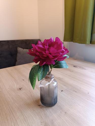 a vase with a pink flower sitting on a table at Ferienwohnung Gerlitzenblick in Villach