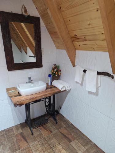 a bathroom with a sink and a mirror at Fi-Scheer Bungalows in Bella Vista