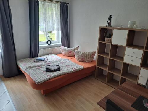 a bedroom with a bed and a book shelf at 2 Raum Zwickau Privat in Zwickau