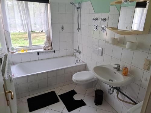 a bathroom with a tub and a toilet and a sink at 2 Raum Zwickau Privat in Zwickau