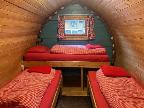 una camera con tre letti in una cabina con finestra di Inn-side ADVENTURE CABINS a Haiming