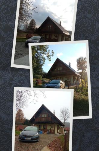 a collage of photos of a house with cars parked at Chata Simona Čičmany in Čičmany