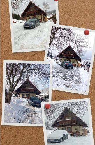 eine Collage mit Fotos eines Hauses im Schnee in der Unterkunft Chata Simona Čičmany in Čičmany