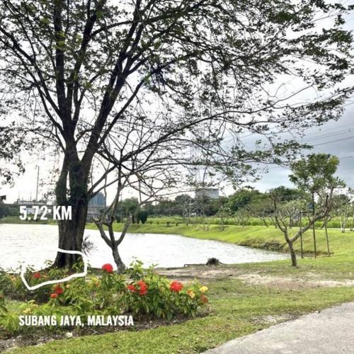 a tree with a sign next to a river at 4-10Pax The Subang Premium House - The Heart Of Subang in Subang Jaya