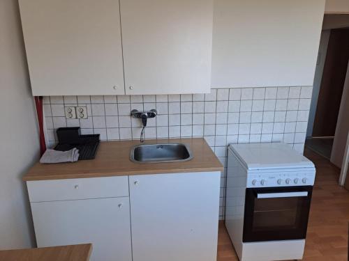 a small kitchen with a sink and a stove at room2stay Lauchhammer in Lauchhammer