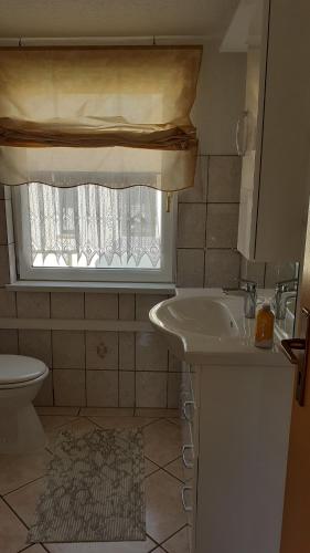 a small bathroom with a sink and a window at Moni in Ummanz