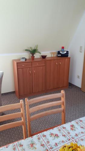 a room with two chairs and a cabinet with a plant on it at Moni in Ummanz