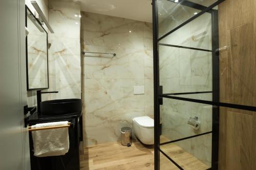 a bathroom with a toilet and a glass shower door at The Barrels Ms in Gjirokastër