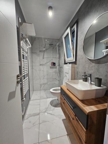 uma casa de banho com um lavatório e um WC em Mobilna hiška pod Lipo em Velenje