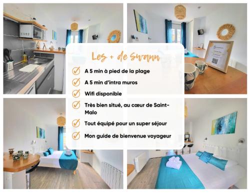 eine Collage mit Fotos von einer Küche und einem Zimmer in der Unterkunft Swann - A 2 pas de la plage ! in Saint-Malo