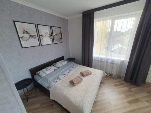 - une chambre avec un lit et une grande fenêtre dans l'établissement Apartment na Shashkevicha 16, à Trouskavets