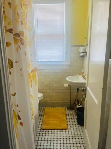 a bathroom with a sink and a toilet and a window at Historical Hideaway at Jacksonville in Jacksonville