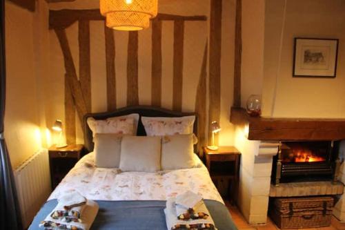 een slaapkamer met een bed en een open haard bij Studio Julianne place Sainte Catherine in Honfleur
