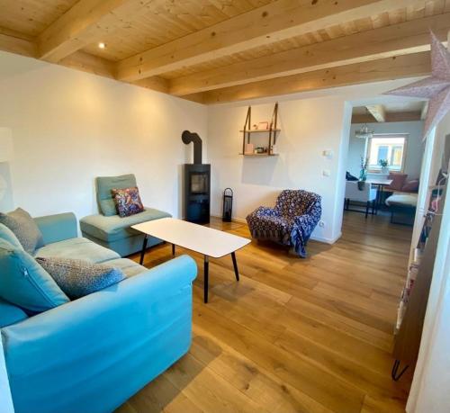 a living room with a blue couch and a table at Urlaub im Grünen - Charmantes Bauernhaus in Bad Waltersdorf
