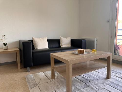 - un salon avec un canapé noir et une table basse dans l'établissement Charming one bedroom apartment, - pres des commerces et tram FIBRE wifi, Airbus MEET super location, à Blagnac
