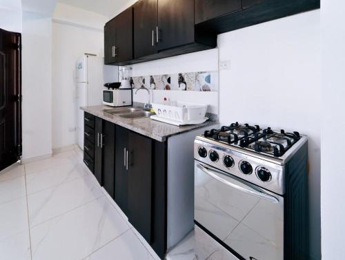 a kitchen with black cabinets and a stainless steel stove at Charming 2 bed 1 bath with Pool in Las Flores