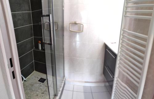 une douche avec une porte vitrée dans une salle de bain dans l'établissement Residence , entre Cannes et Antibes plage a pied, gare, piscine, garage privé, au Golfe-Juan