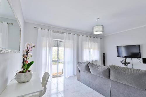 a living room with a couch and a tv at Casa Sol Nascente in Silves